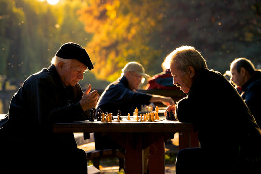 Exploring Age Guard’s Ingredient Formula: seniors playing chess in a sunny park, enjoying life and strategy.