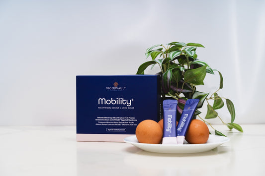 Mobility supplement box with eggs and plant.