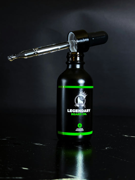 Bottle of beard oil with dropper on black background